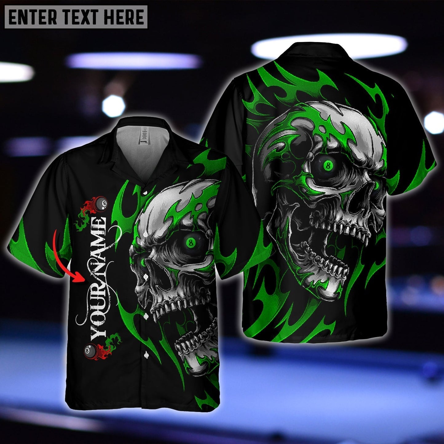 Frenzidea Personalized Name Skull Fire Billiard Balls Hawaiian Shirt