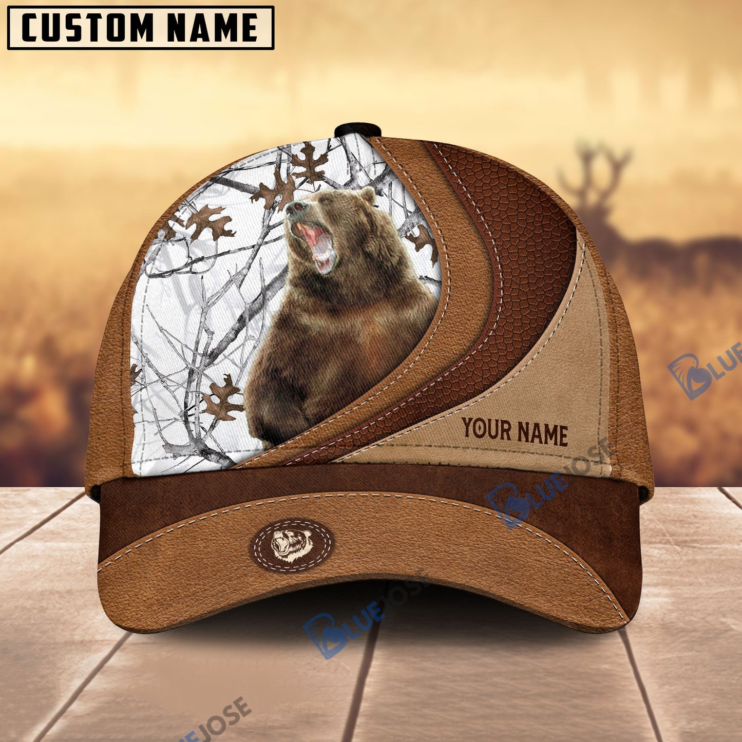 Frenzidea Bear Hunting Brown Leather Pattern Personalized Name Cap (5 Colors)
