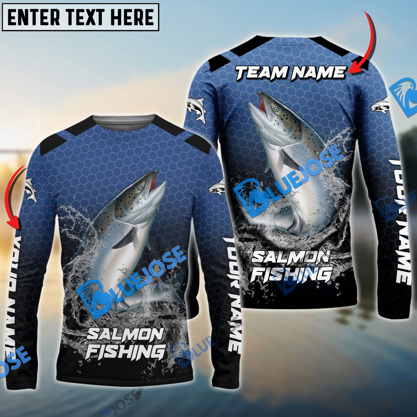 Frenzidea Salmon Fishing Navy Hexagon Sport Custom Name & Team Name 3D Shirts