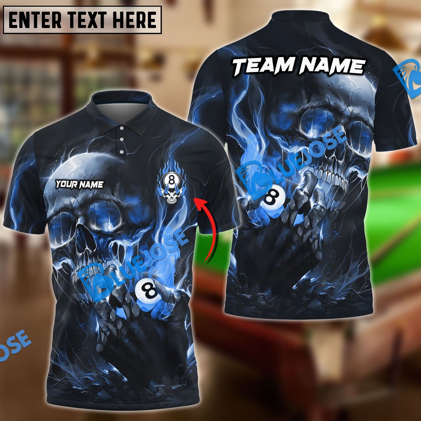 Frenzidea Billiards Ball 8 Blazing Skull Personalized Name, Team Name Unisex Shirt ( 6 Colors )