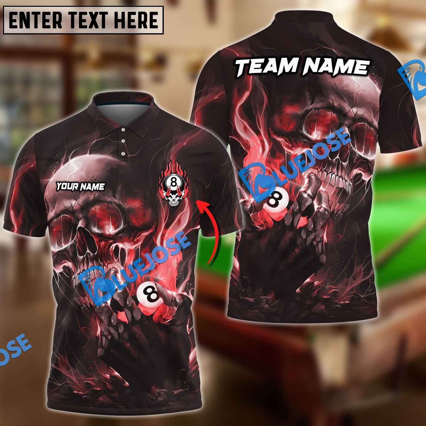 Frenzidea Billiards Ball 8 Blazing Skull Personalized Name, Team Name Unisex Shirt ( 6 Colors )