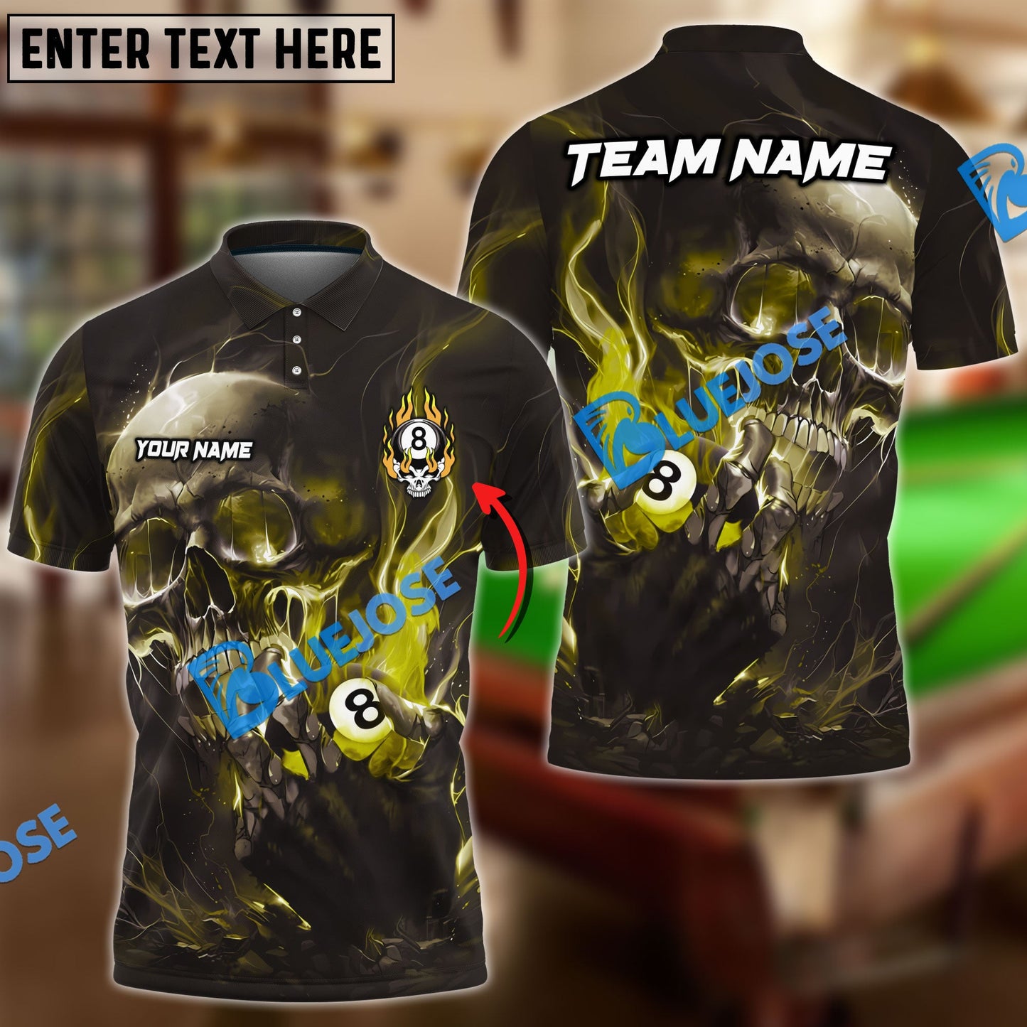 Frenzidea Billiards Ball 8 Blazing Skull Personalized Name, Team Name Unisex Shirt ( 6 Colors )