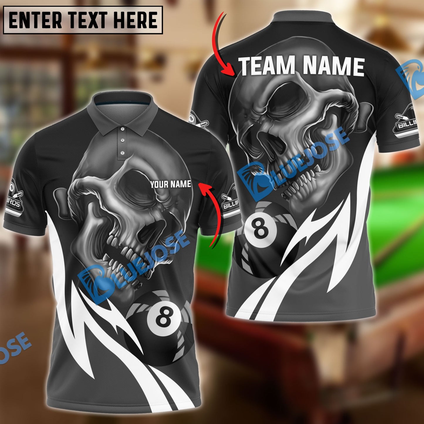 Frenzidea Billiards 8 Ball Skull Curve Flame Personalized Name, Team Name Unisex Shirt ( 4 Colors )