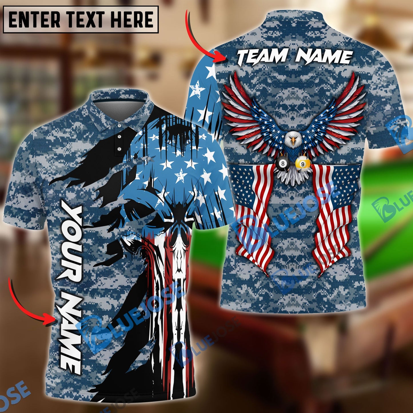 Frenzidea Billiards Ball 8 And 9 Eagle Flag Skull Personalized Name, Team Name Unisex Shirt ( 4 Colors )