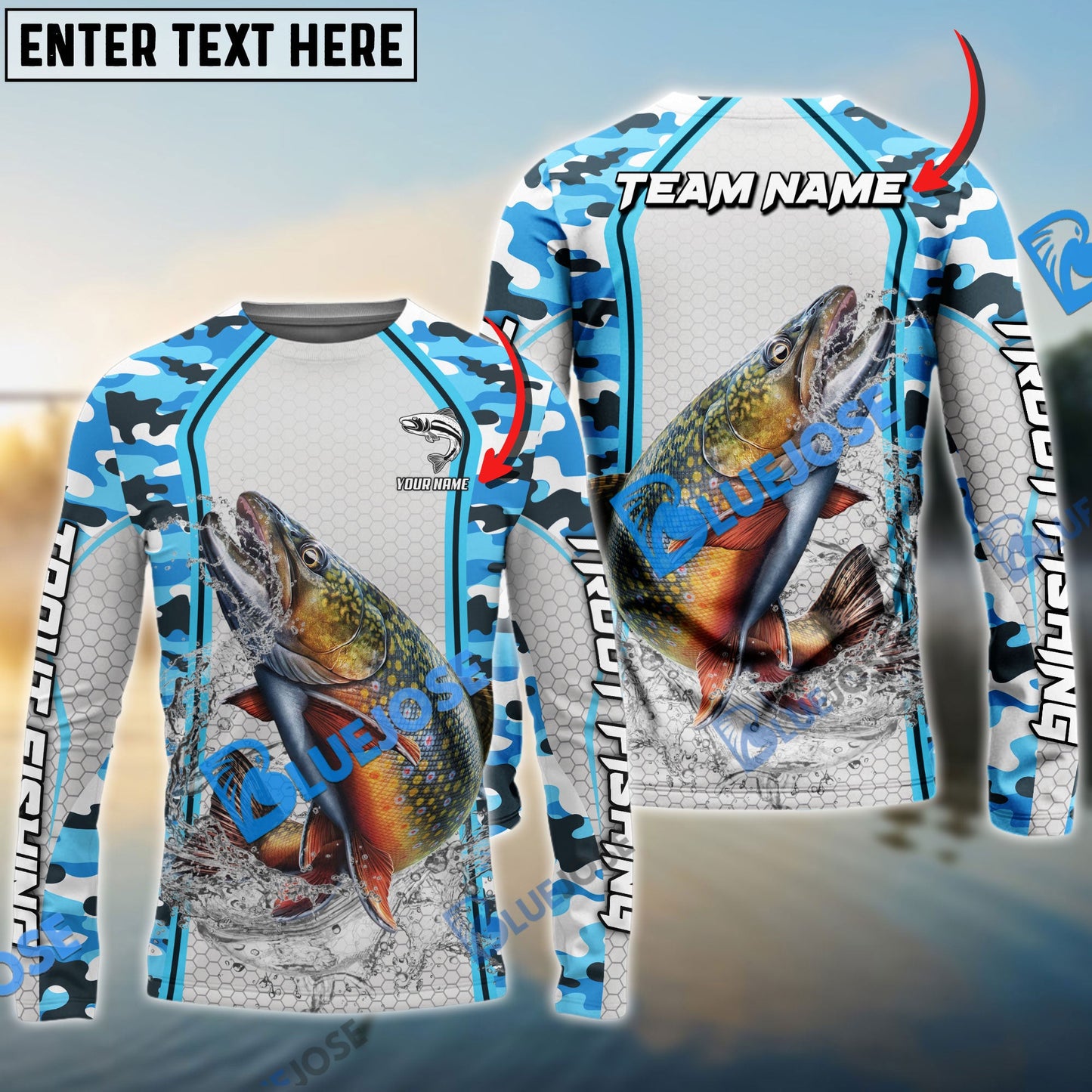 Frenzidea Trout Fishing Light Blue Camo Sport Custom Name & Team Name 3D Shirts