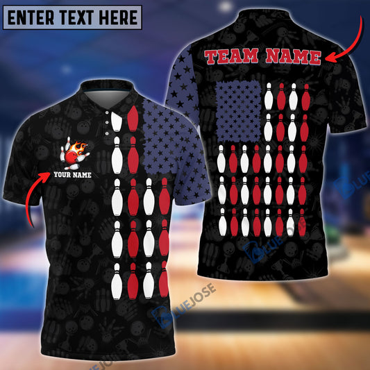 Frenzideas Bowling US Flag Shoulder Customized Name, Team Name 3D Shirt (Black & White)