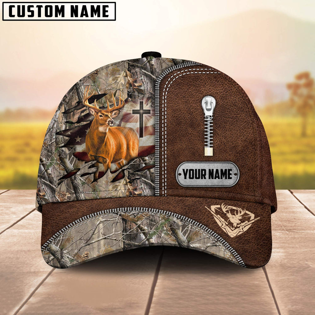 Frenzidea Cross America Hunting Deer Zipper Leather Pattern Multicolor Personalized Cap
