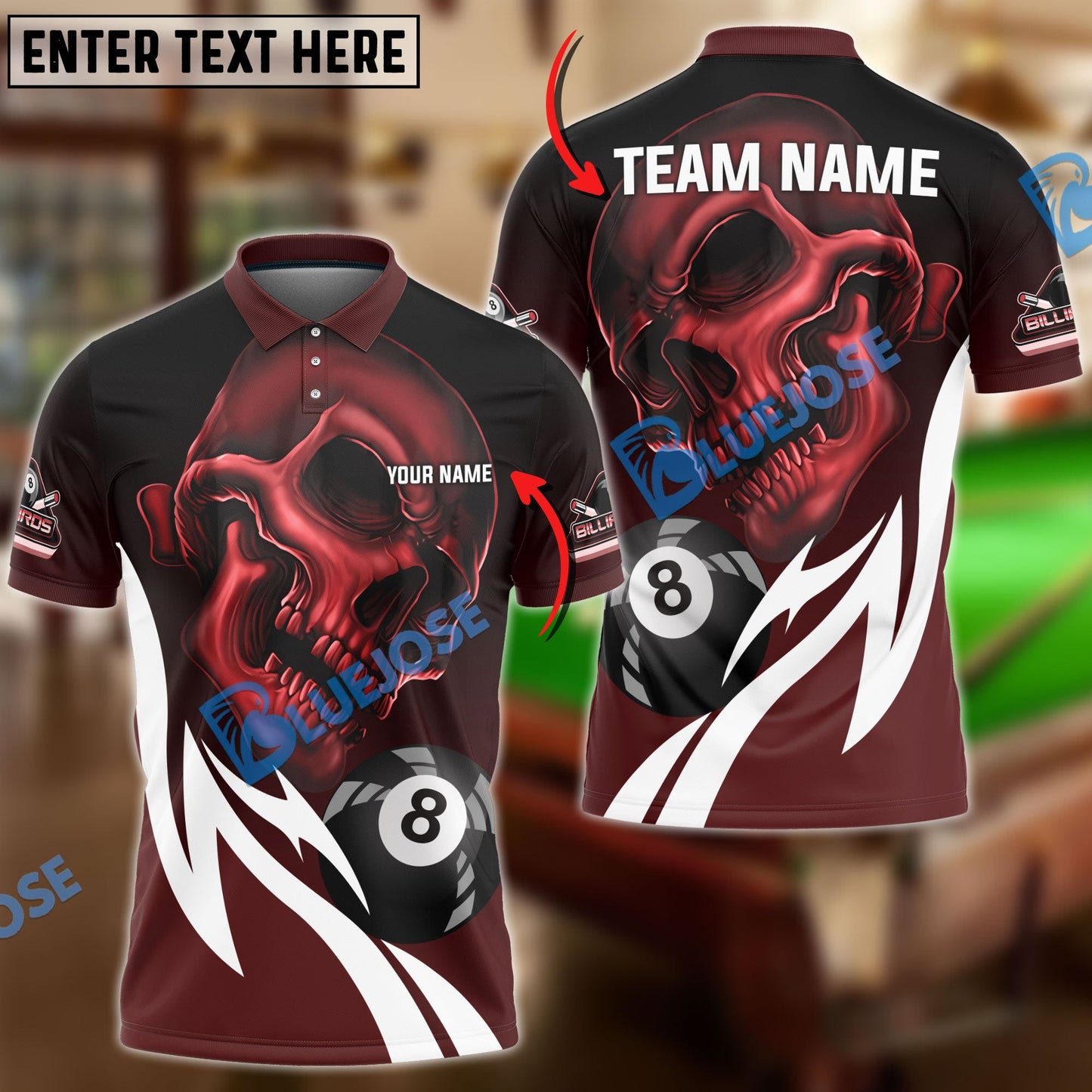Frenzidea Billiards 8 Ball Skull Curve Flame Personalized Name, Team Name Unisex Shirt ( 4 Colors )