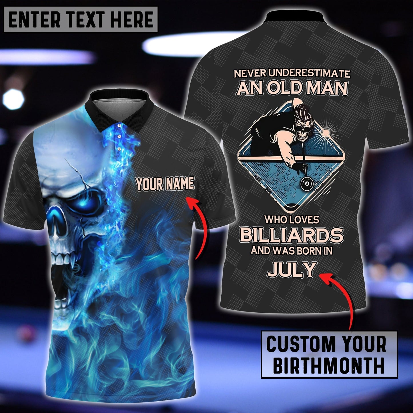 Frenzidea Blue Skull Billiards Old Man Plays Born In Personalized Unisex Shirt