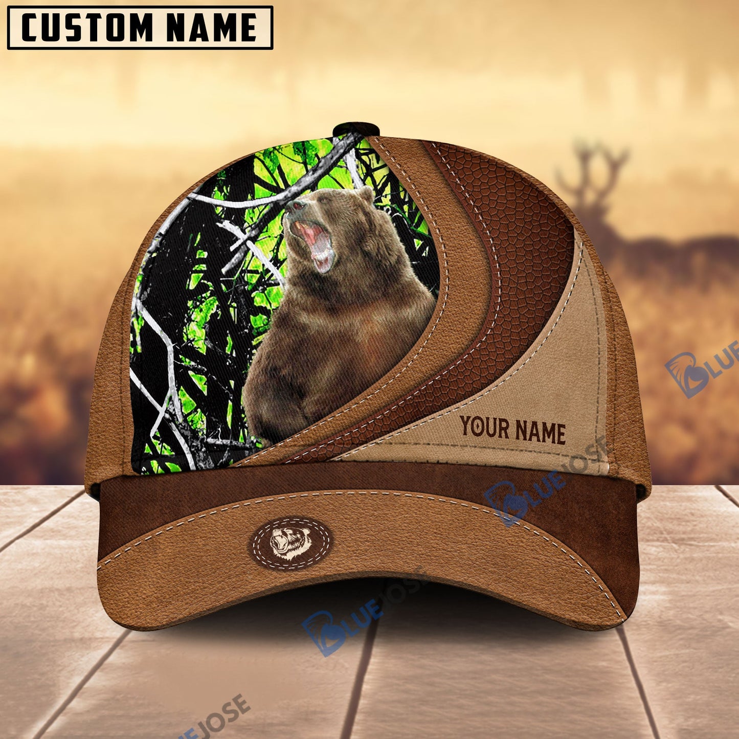 Frenzidea Bear Hunting Brown Leather Pattern Personalized Name Cap (5 Colors)
