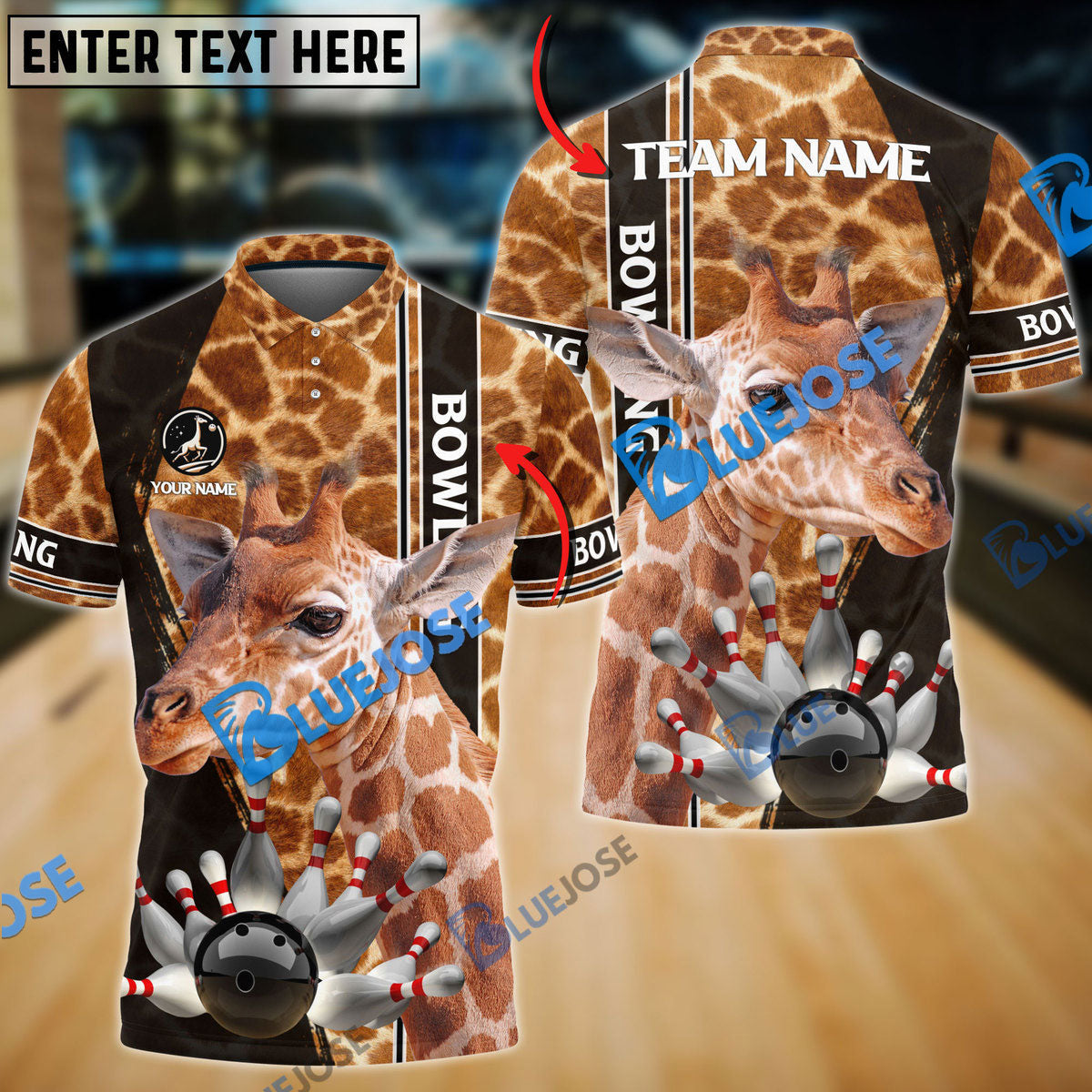 frenzideas Bowling Giraffe Customized Name, Team Name 3D Shirt
