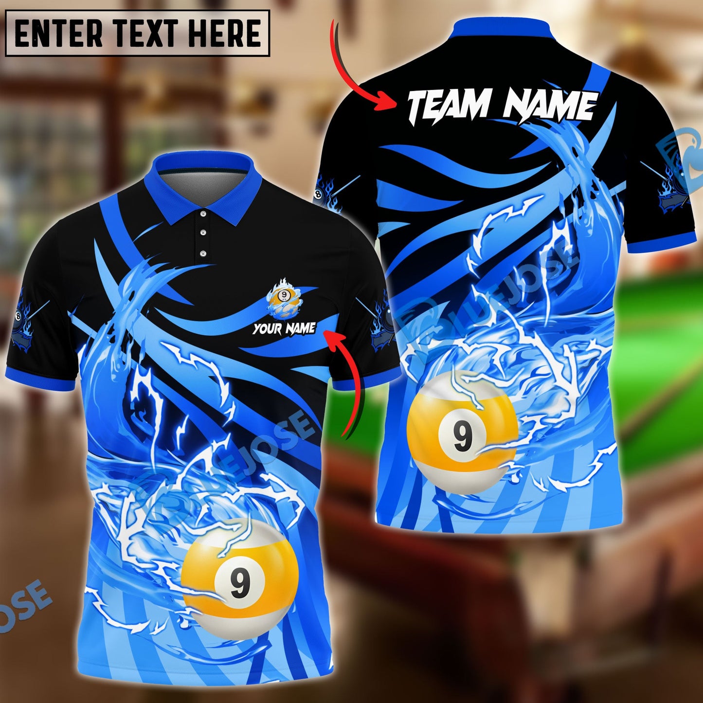Frenzidea Billiards 9 Ball Thunder Flame Strike Personalized Name, Team Name Unisex Shirt ( 4 Colors )