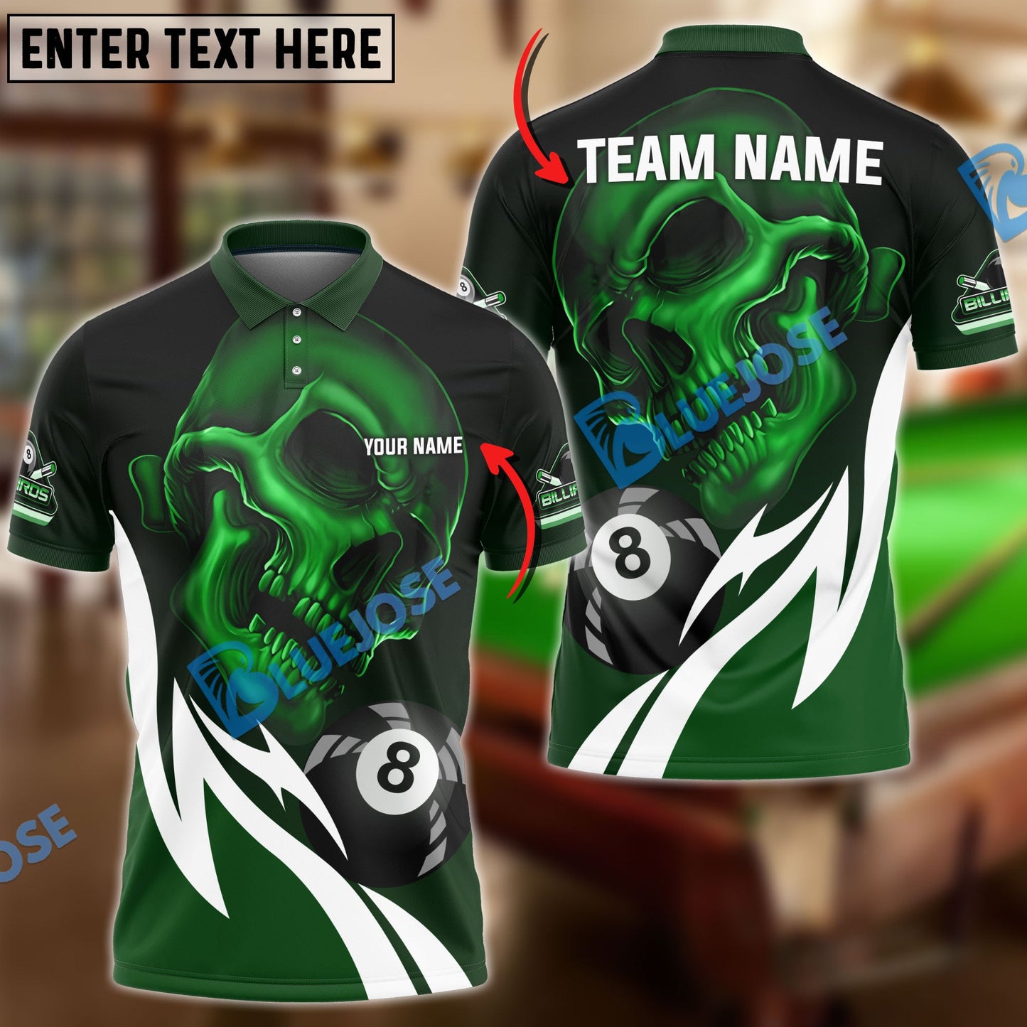 Frenzidea Billiards 8 Ball Skull Curve Flame Personalized Name, Team Name Unisex Shirt ( 4 Colors )