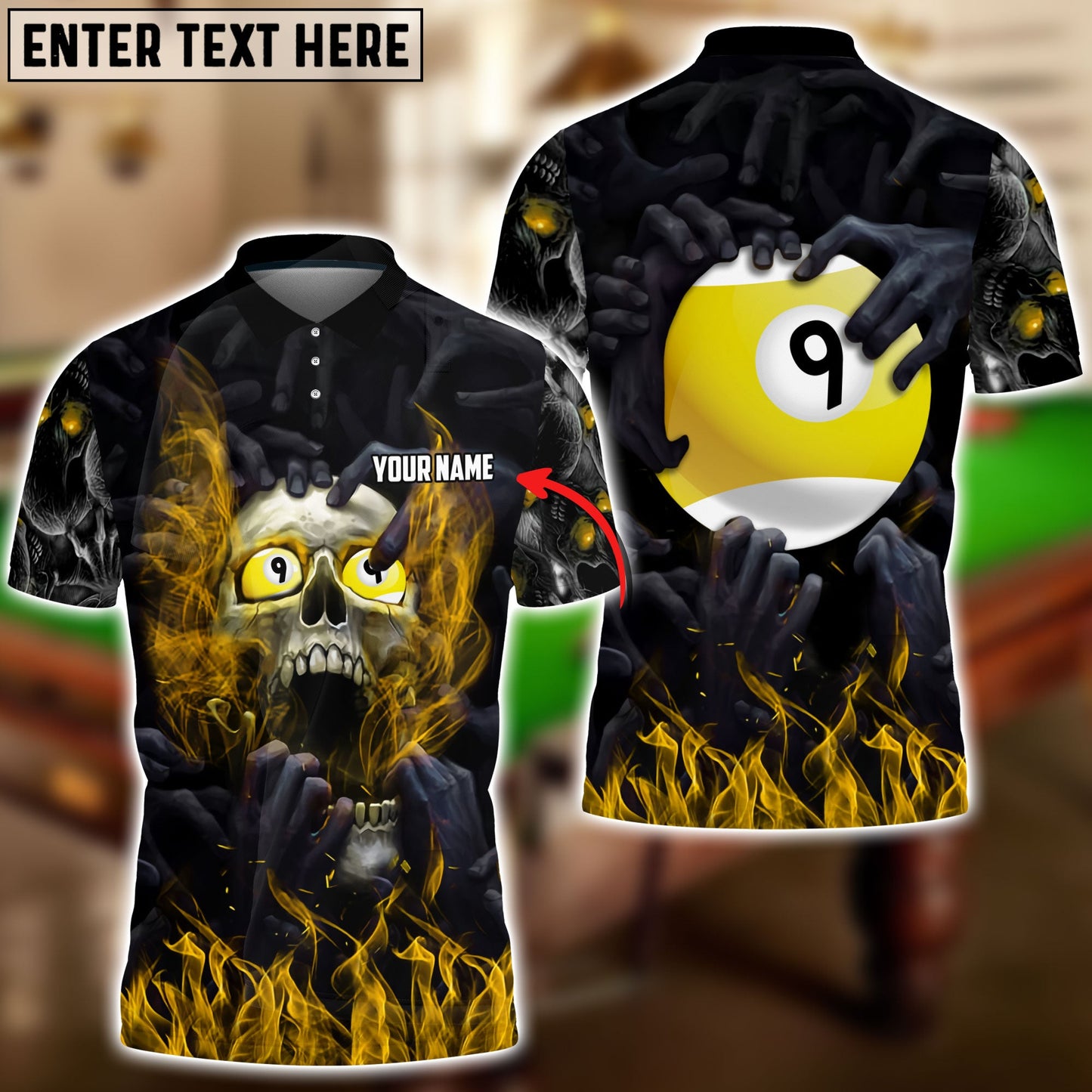 Frenzidea Billiards Skull Fire Personalized Name, Team Name Unisex Shirt