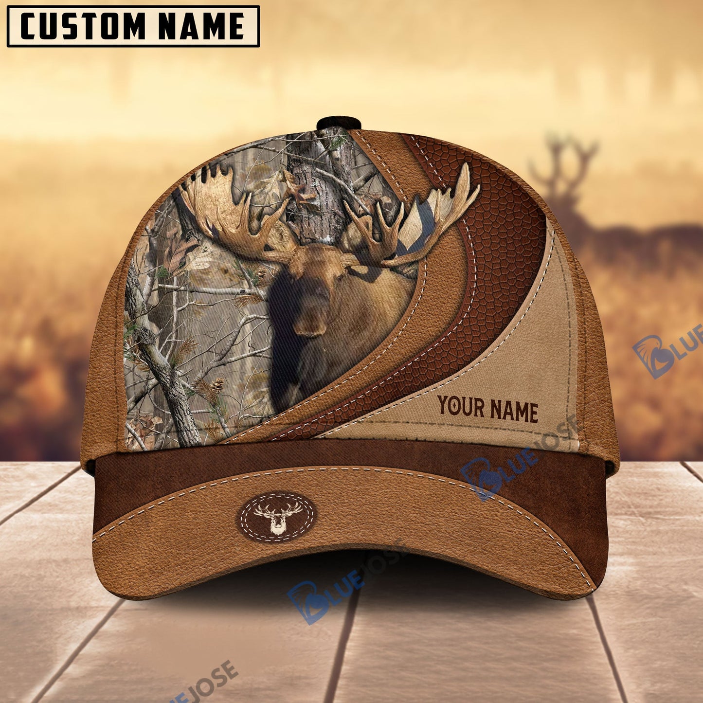 Frenzidea Moose Hunting Brown Leather Pattern Personalized Name Cap (5 Colors)