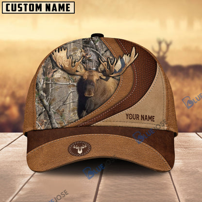 Frenzidea Moose Hunting Brown Leather Pattern Personalized Name Cap (5 Colors)