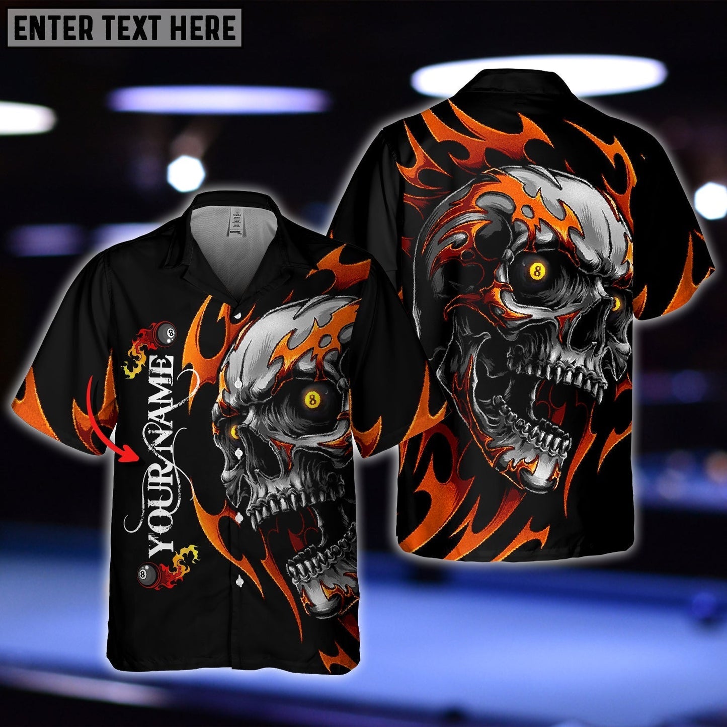 Frenzidea Personalized Name Skull Fire Billiard Balls Hawaiian Shirt