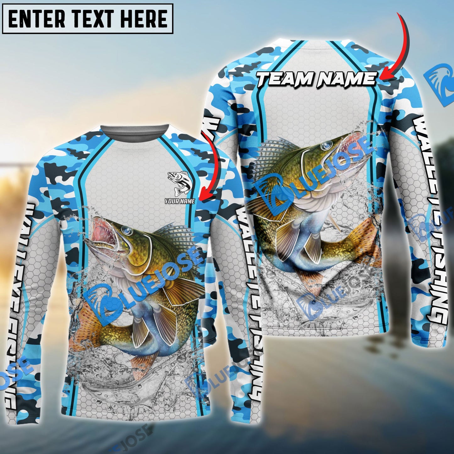 Frenzidea Walleye Fishing Light Blue Camo Sport Custom Name & Team Name 3D Shirts
