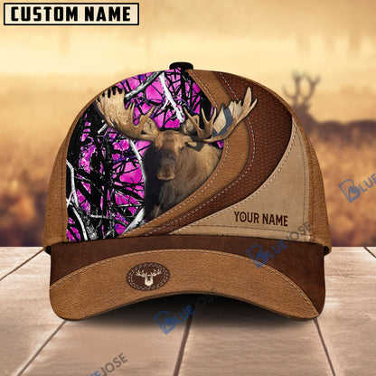 Frenzidea Moose Hunting Brown Leather Pattern Personalized Name Cap (5 Colors)