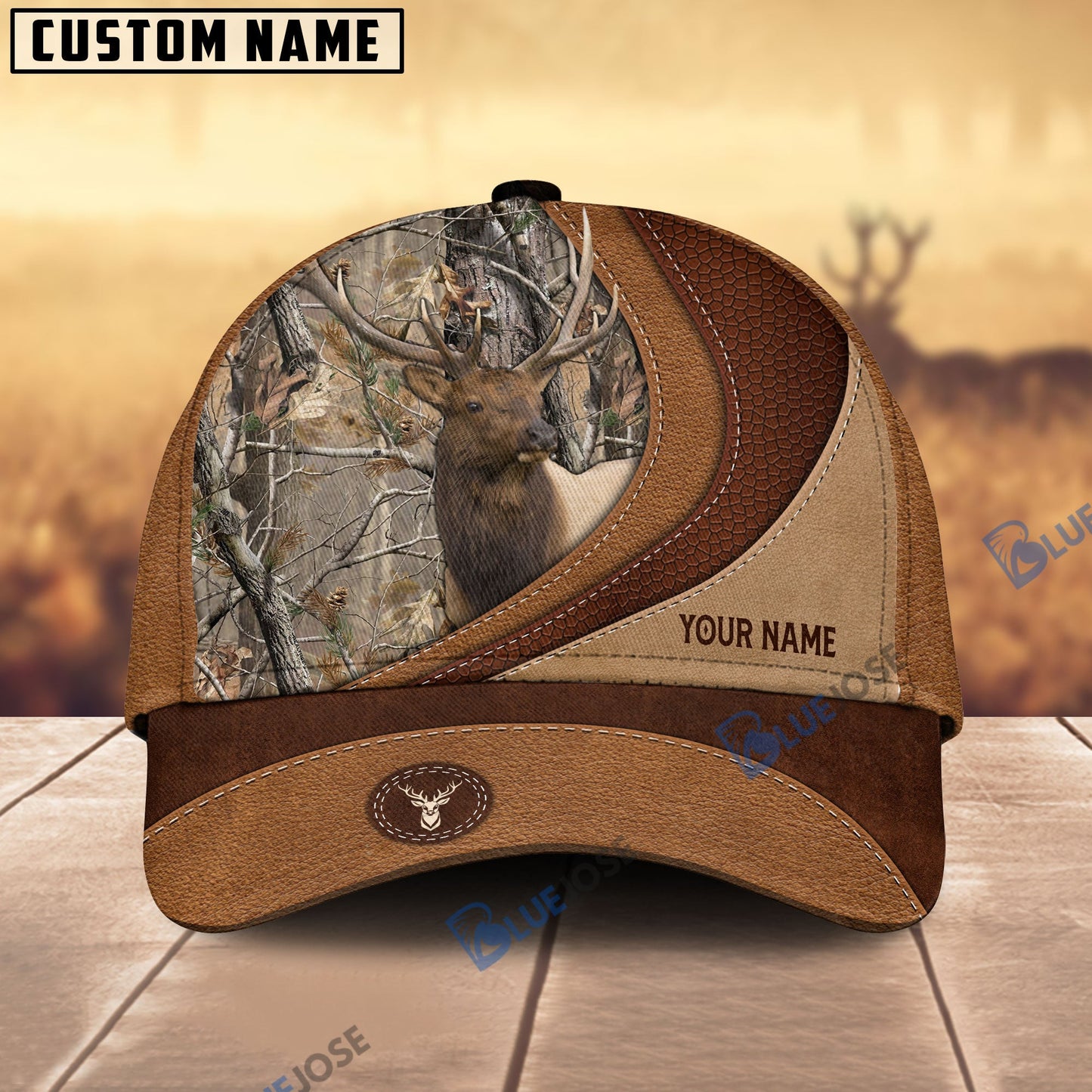 Frenzidea Elk Hunting Brown Leather Pattern Personalized Name Cap (5 Colors)