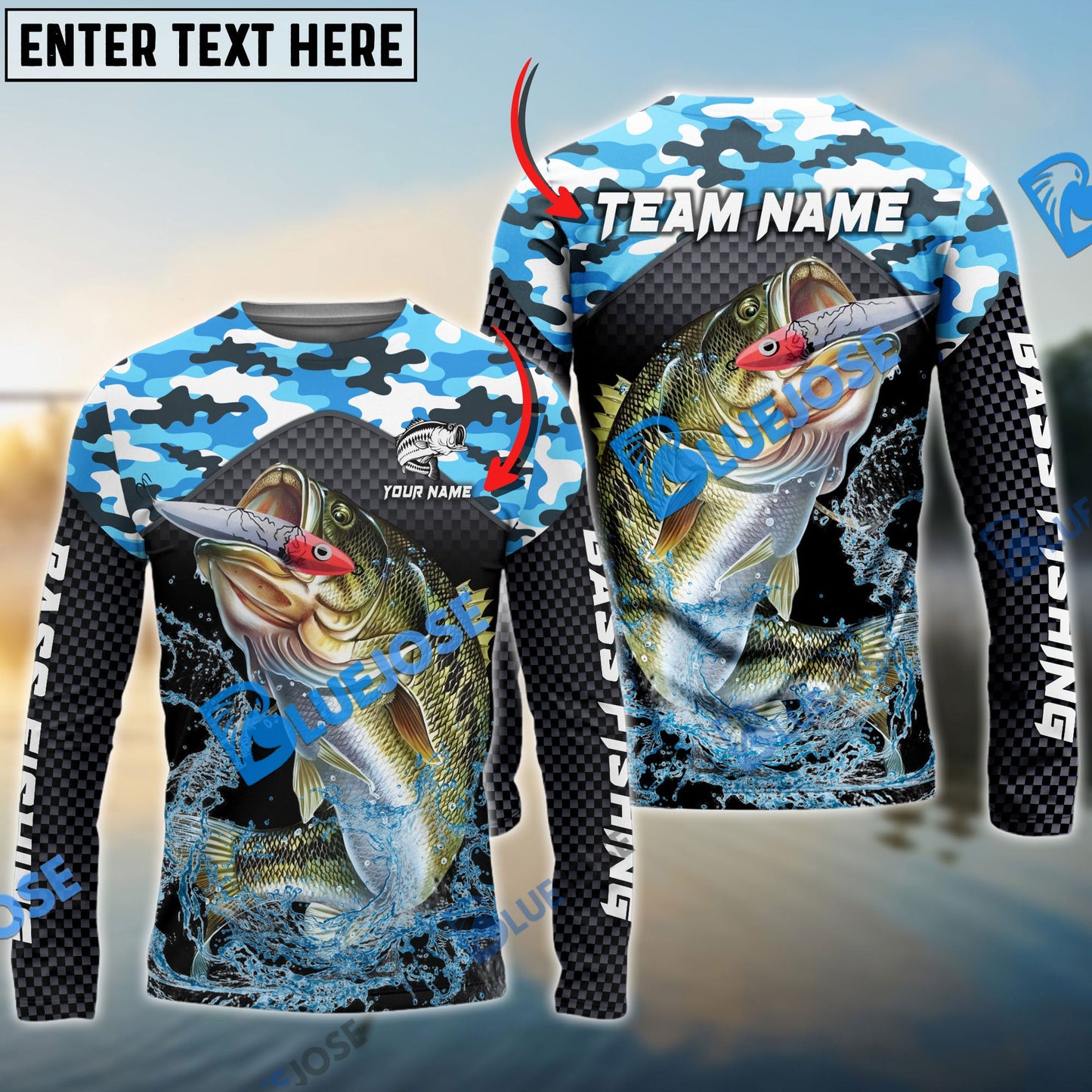 frenzidea Bass Fishing Blue Camo Sport Custom Name & Team Name 3D Shirts