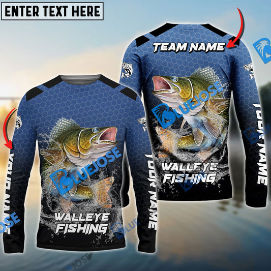 Frenzidea Walleye Fishing Navy Hexagon Sport Custom Name & Team Name 3D Shirts