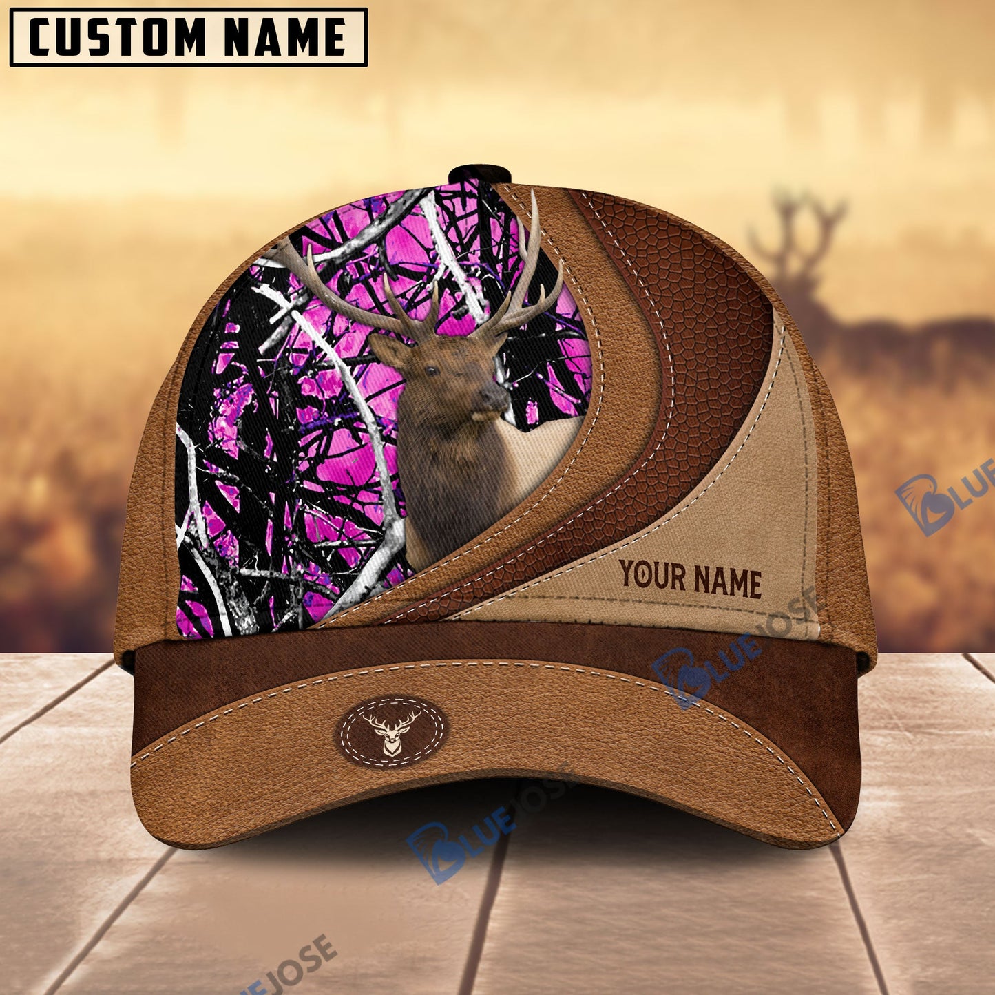 Frenzidea Elk Hunting Brown Leather Pattern Personalized Name Cap (5 Colors)
