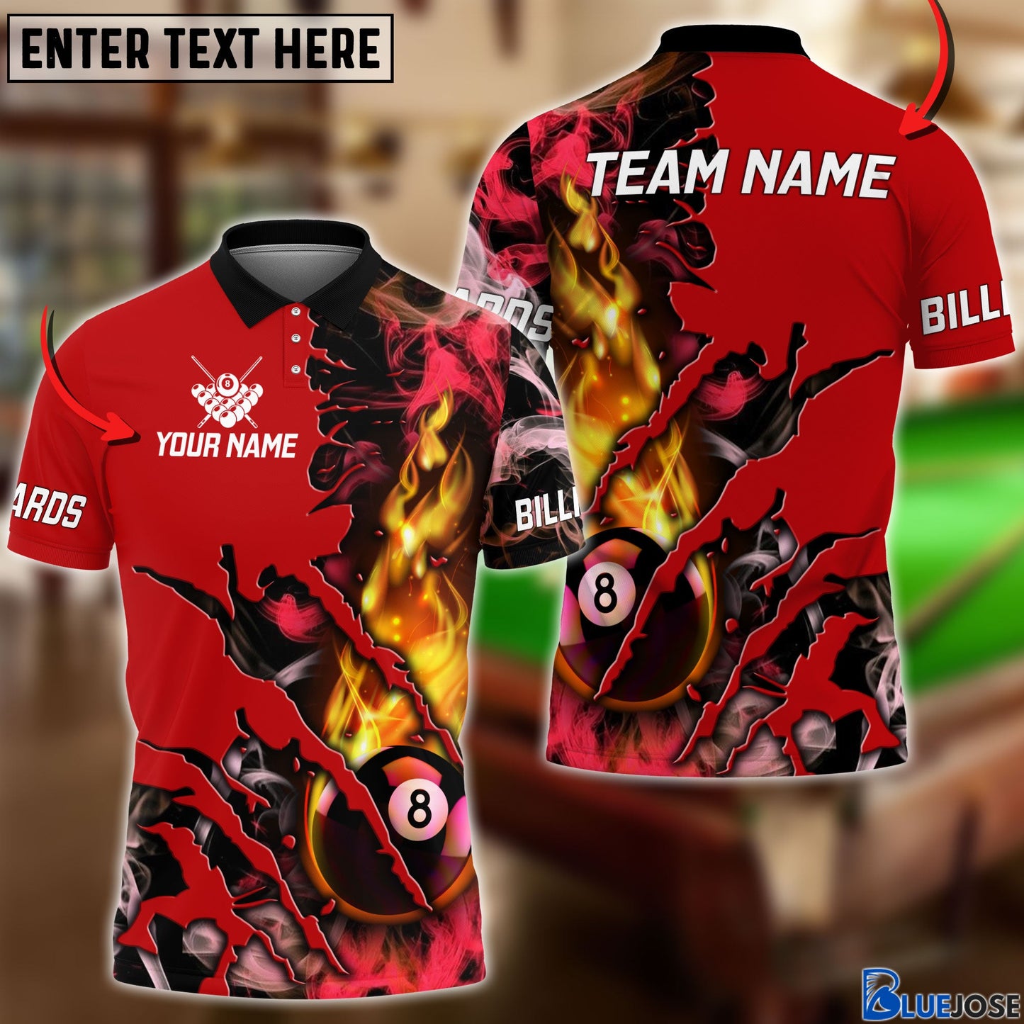 Frenzidea Billiards Flame Smoke Pattern Personalized Name, Team Name Unisex Shirt
