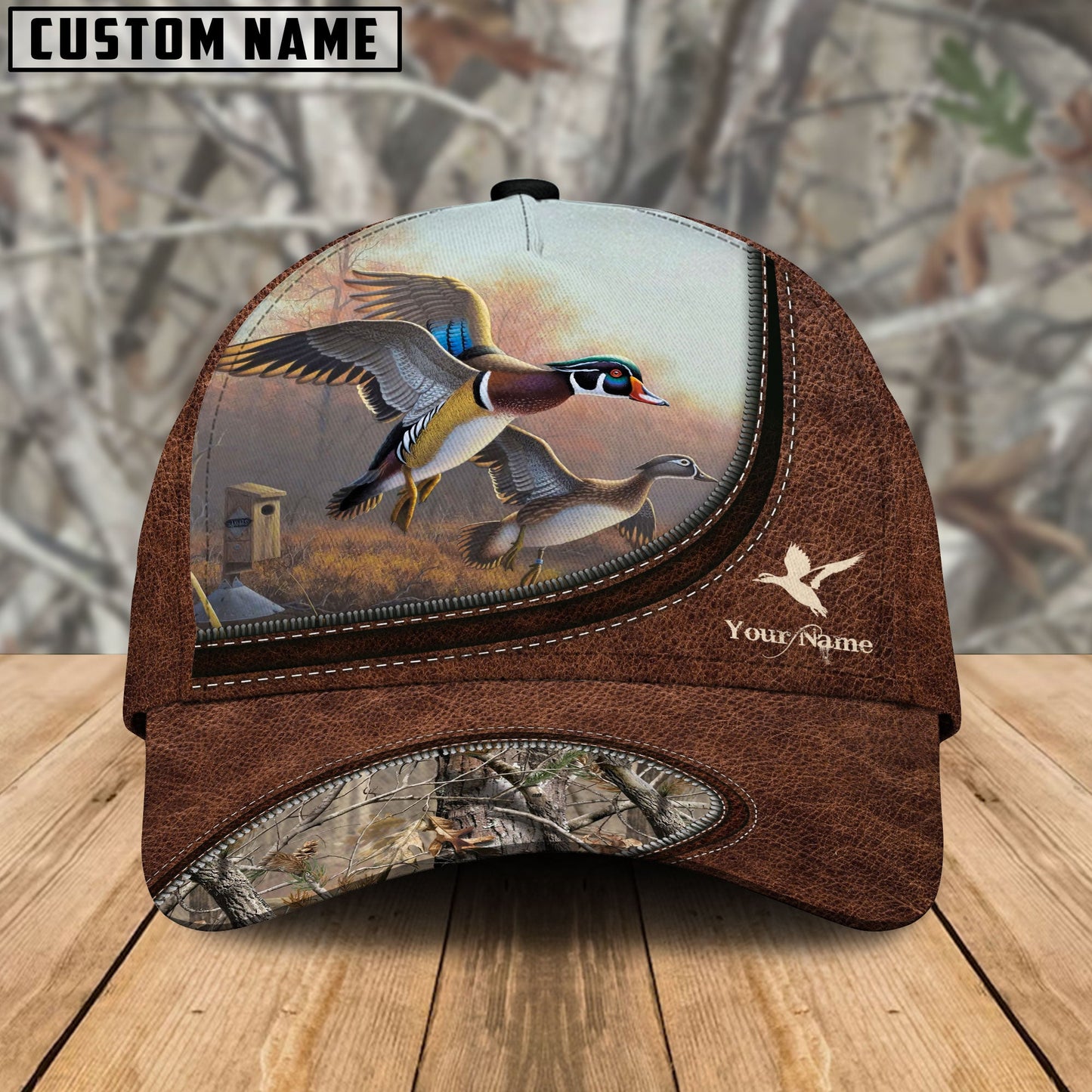 Frenzidea Duck Hunting Leather Zip Pattern Personalized Name Cap