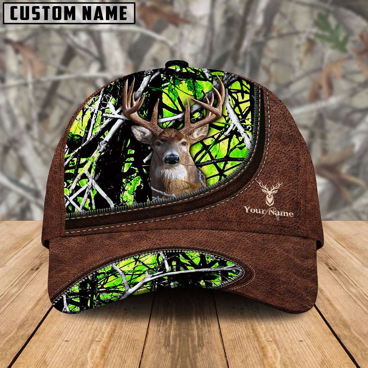 Frenzidea Deer Hunting Leather Zip Pattern Personalized Name Cap