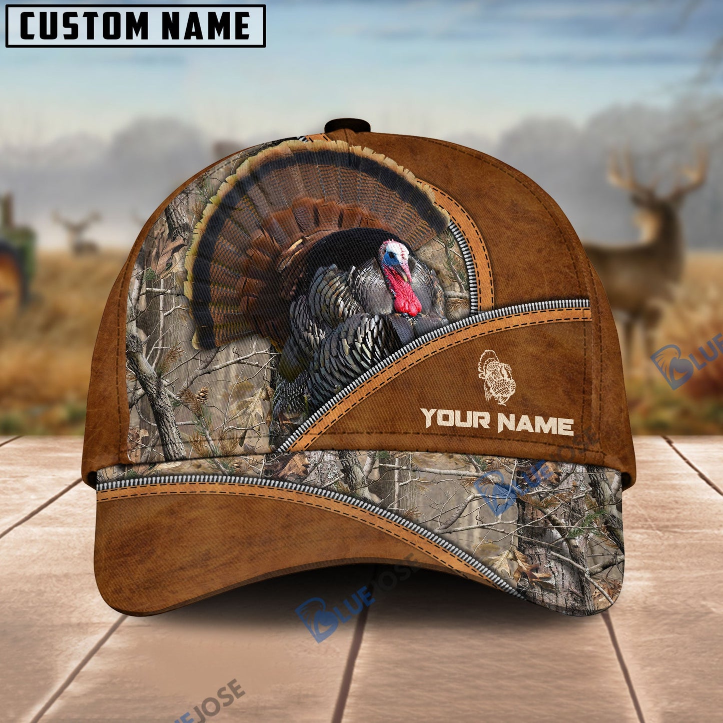 Frenzidea Turkey Hunting Premium Brown Leather Pattern Personalized Name Cap