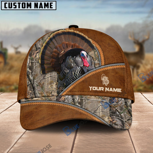 Frenzidea Turkey Hunting Premium Brown Leather Pattern Personalized Name Cap