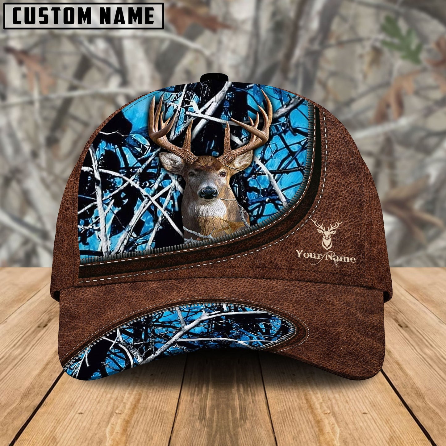 Frenzidea Deer Hunting Leather Zip Pattern Personalized Name Cap