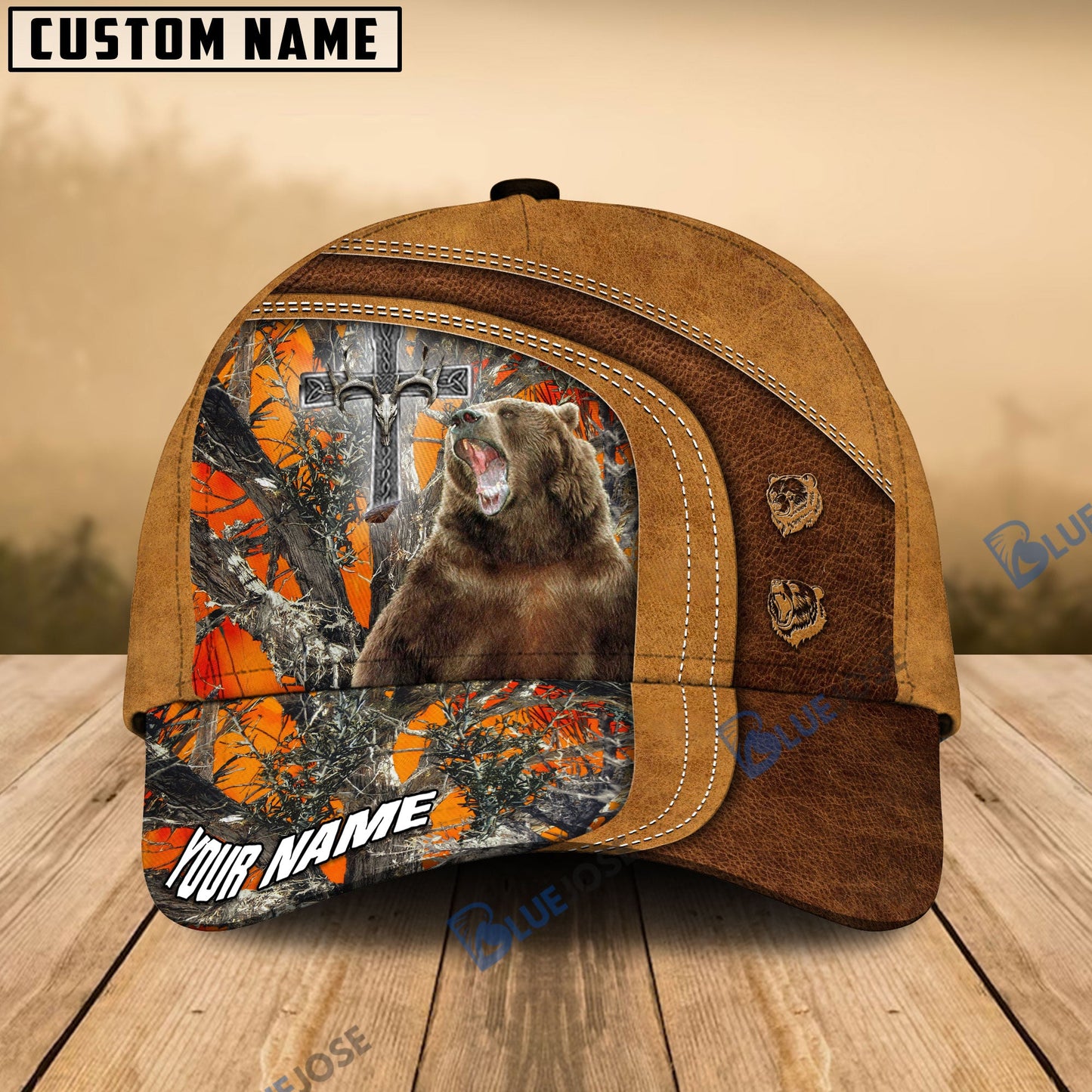 frenzidea Cross America Hunting Bear Leather Pattern Multicolor Personalized Cap (5 Colors)