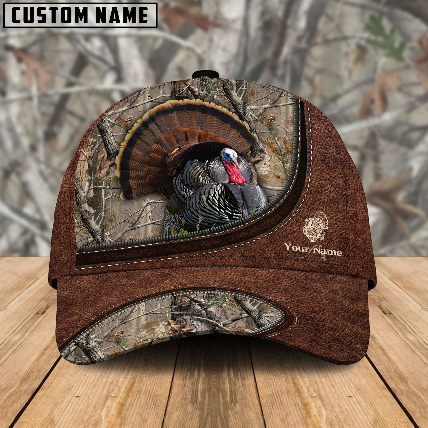 Frenzidea Turkey Hunting Leather Zip Pattern Personalized Name Cap
