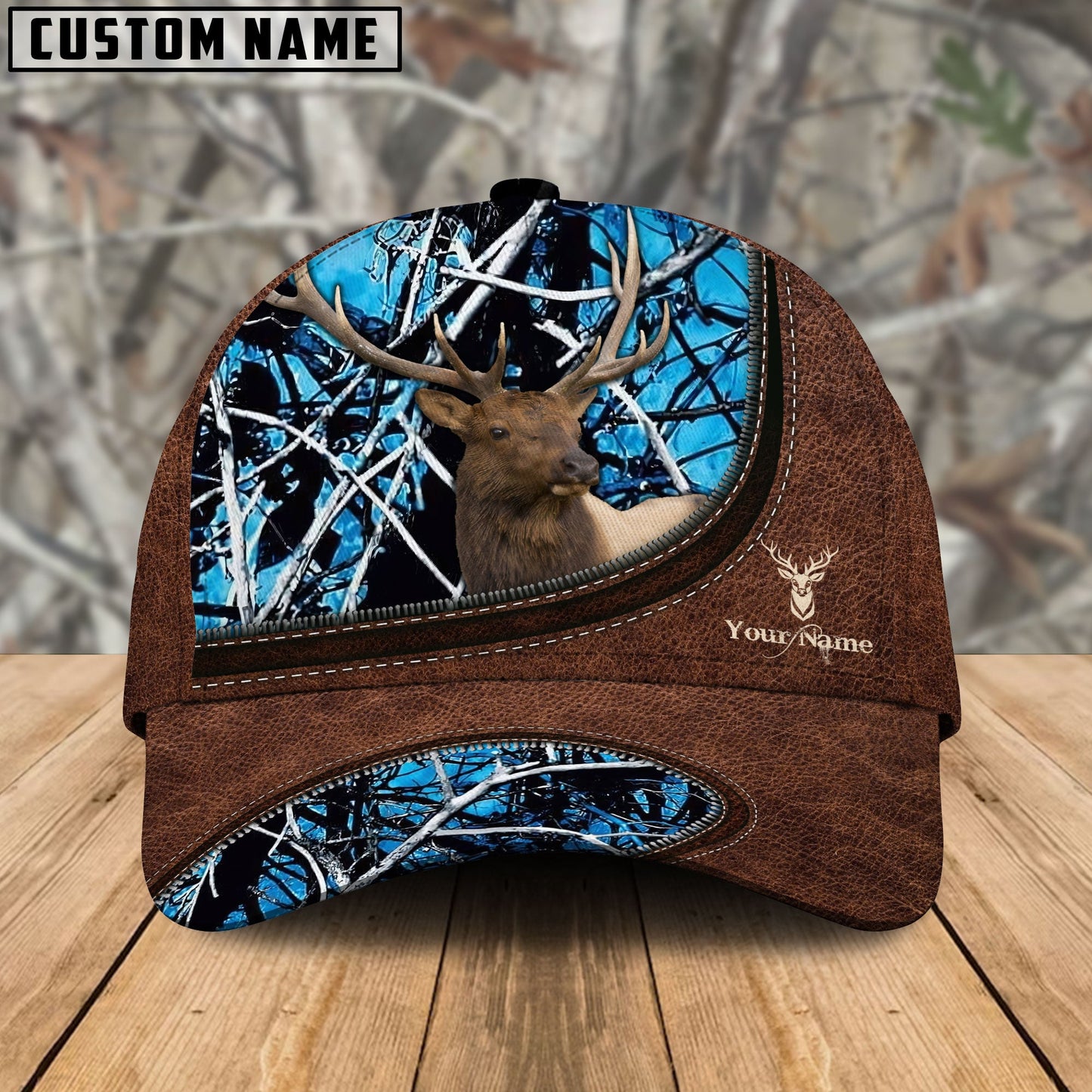 Frenzidea Elk Hunting Leather Zip Pattern Personalized Name Cap