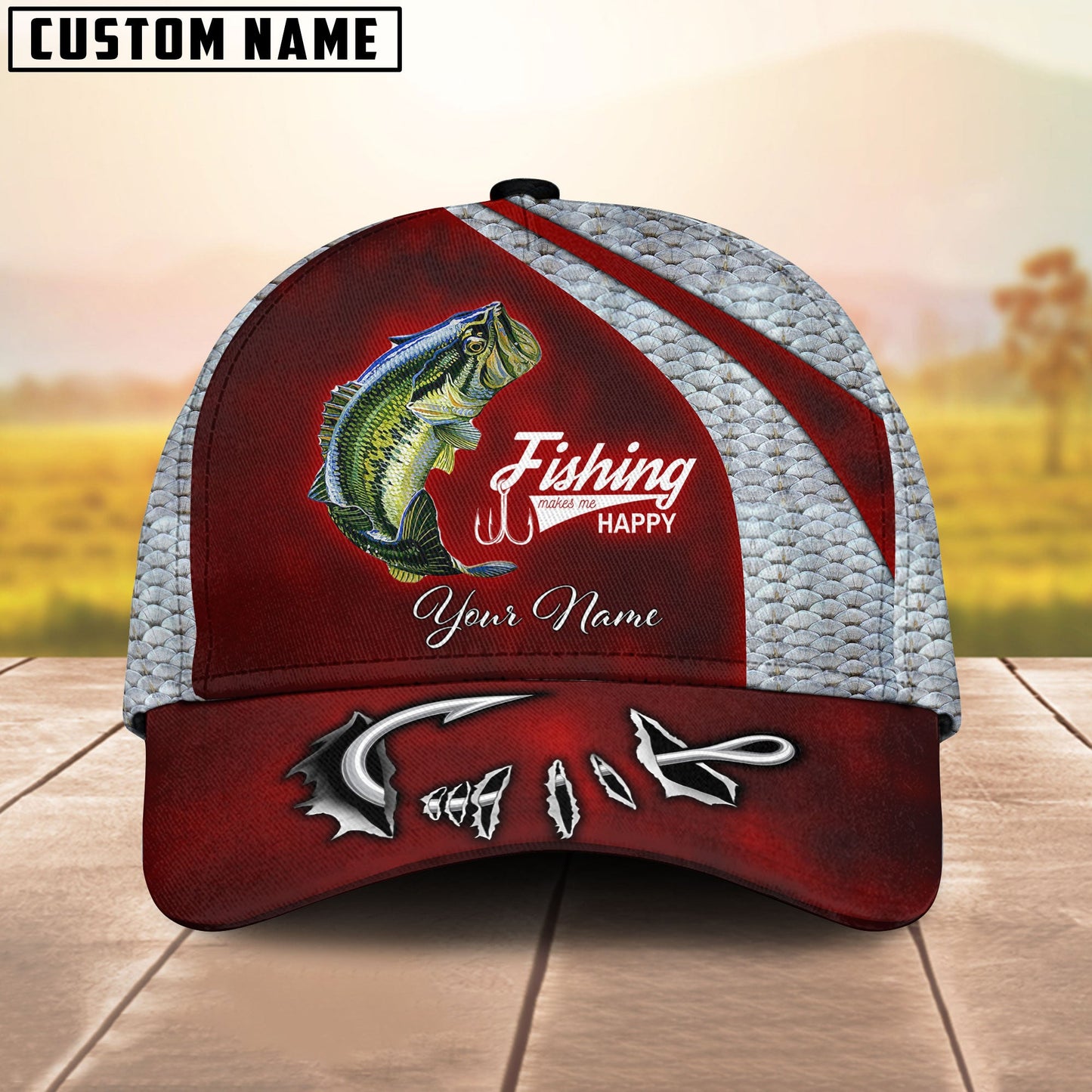 Frenzidea Custom Name Bass Fishing Red Hat Hook Print Cap