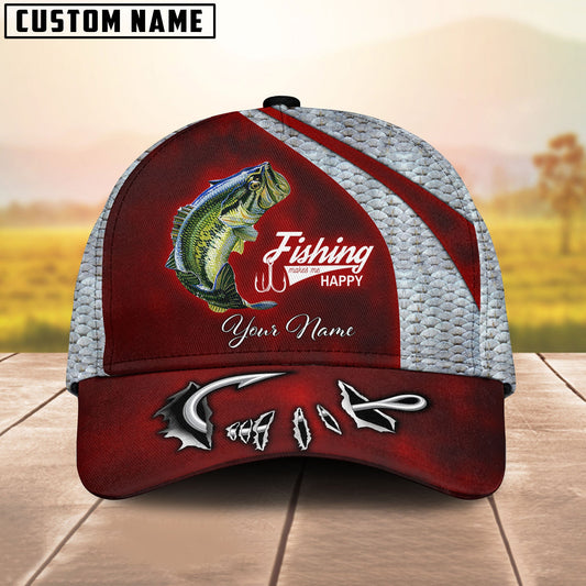 Frenzidea Custom Name Bass Fishing Red Hat Hook Print Cap