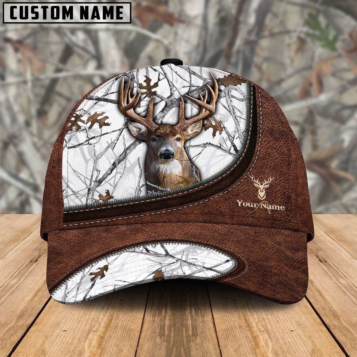 Frenzidea Deer Hunting Leather Zip Pattern Personalized Name Cap