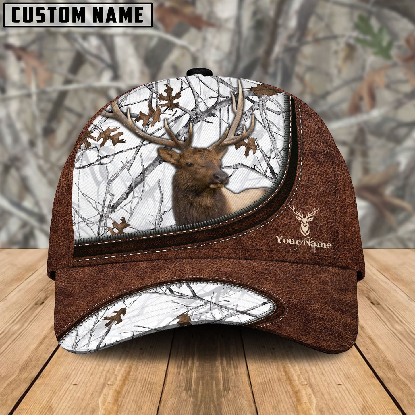 Frenzidea Elk Hunting Leather Zip Pattern Personalized Name Cap