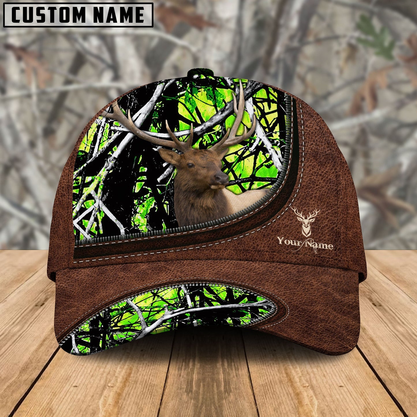 Frenzidea Elk Hunting Leather Zip Pattern Personalized Name Cap