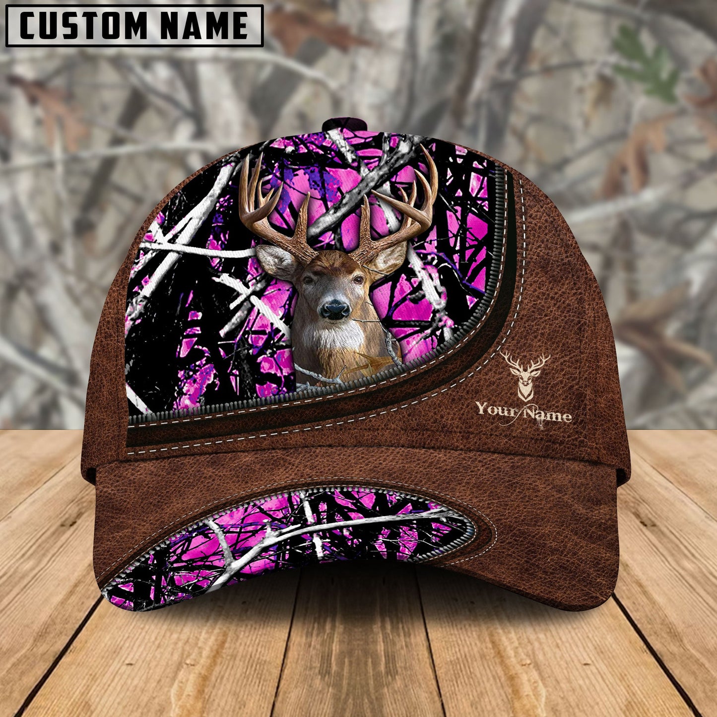 Frenzidea Deer Hunting Leather Zip Pattern Personalized Name Cap