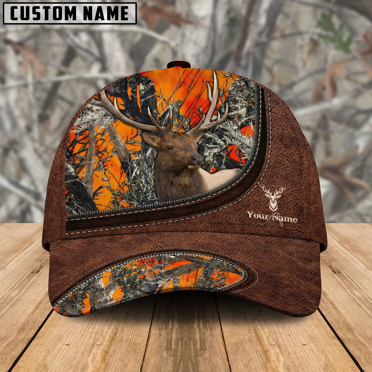 Frenzidea Elk Hunting Leather Zip Pattern Personalized Name Cap