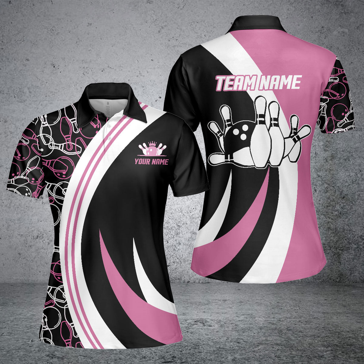 Frenzideas Black&Pink Bowling Seamless Pattern Personalized All Over Printed Shirt For Women