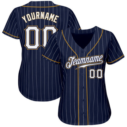 Frenzidea Custom Navy White Pinstripe White-Old Gold Authentic Baseball Jersey