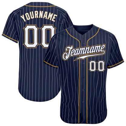 Frenzidea Custom Navy White Pinstripe White-Old Gold Authentic Baseball Jersey