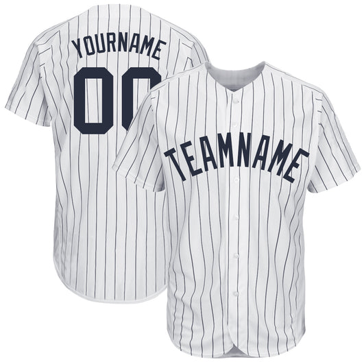 Frenzidea Custom White Navy Pinstripe Navy Baseball Jersey