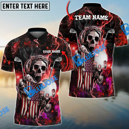 Frenzidea Golf Fire Skull US Flag Customized Name, Team Name 3D Shirts (6 Colors)