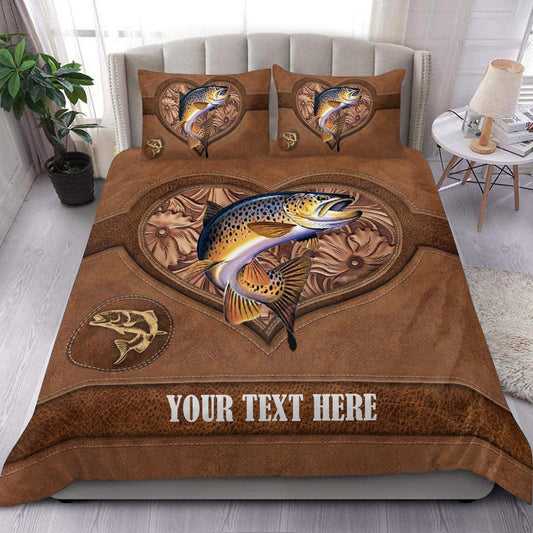 Frenzidea Trout Fishing Heart Leather Pattern Personalized Bedding Set