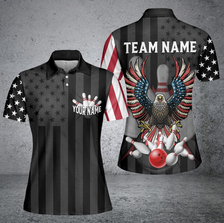 Frenzideas Eagle American Flag Bowling and Pins Multicolor Personalized Name Team Name 3D Shirt